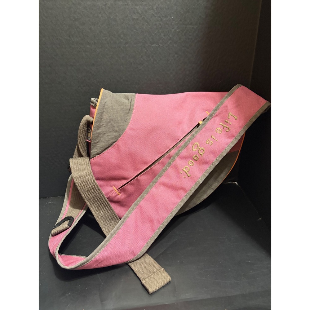 Life is Good Pink Grey Canvas Crossbody Messenger Sling Bag Adjustable Strap